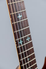 Close-up of a guitar neck with frets and strings on a gray background