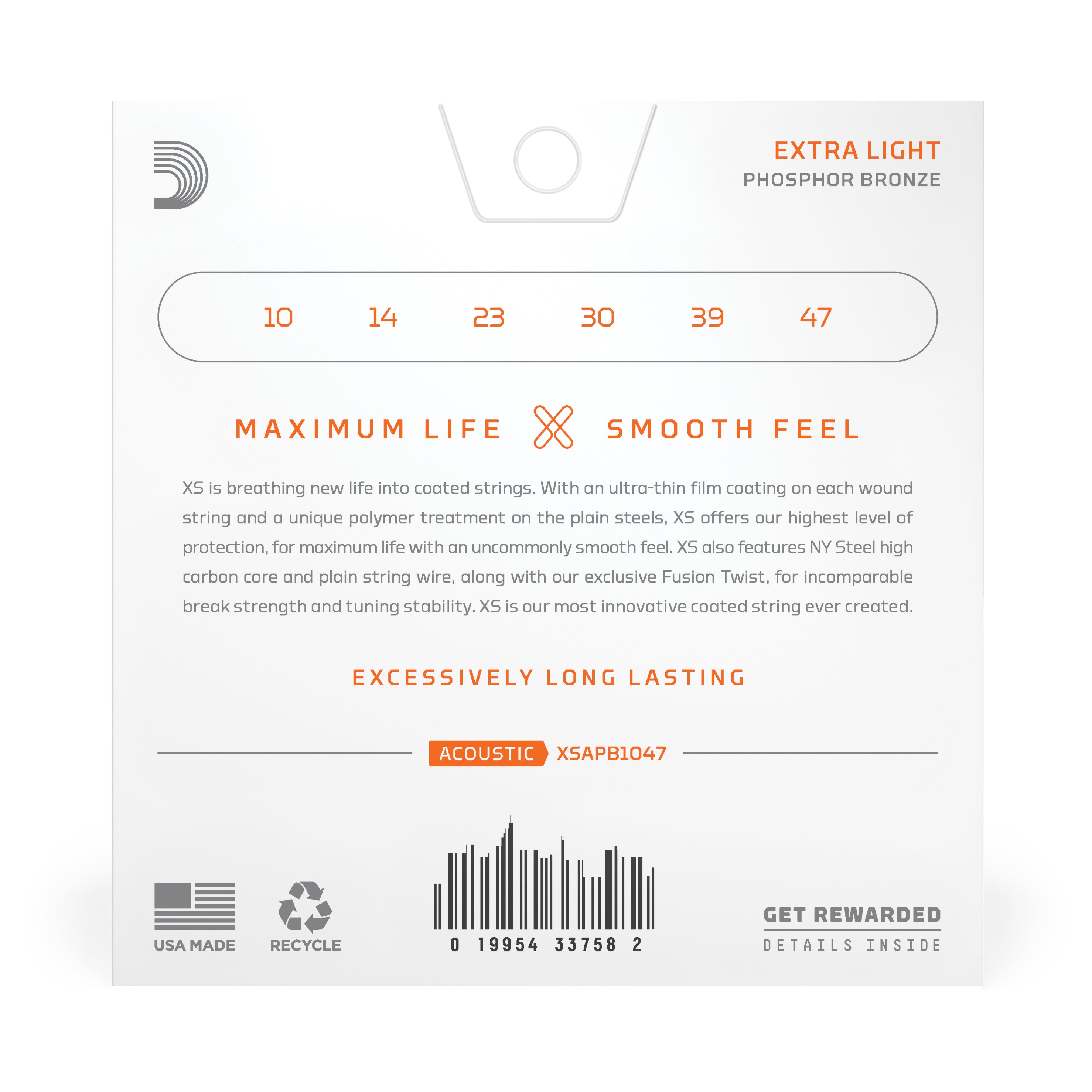 D'Addario XS 10-47 Phosphor Bronze Coated Acoustic Guitar Strings (XSAPB1047)