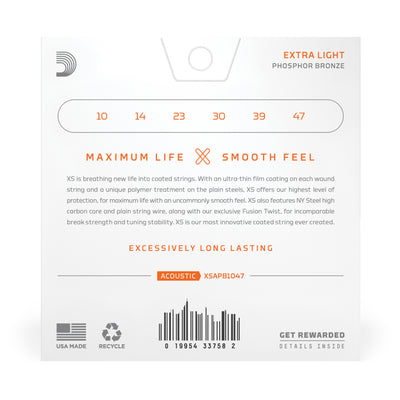 D'Addario XS 10-47 Phosphor Bronze Coated Acoustic Guitar Strings (XSAPB1047)