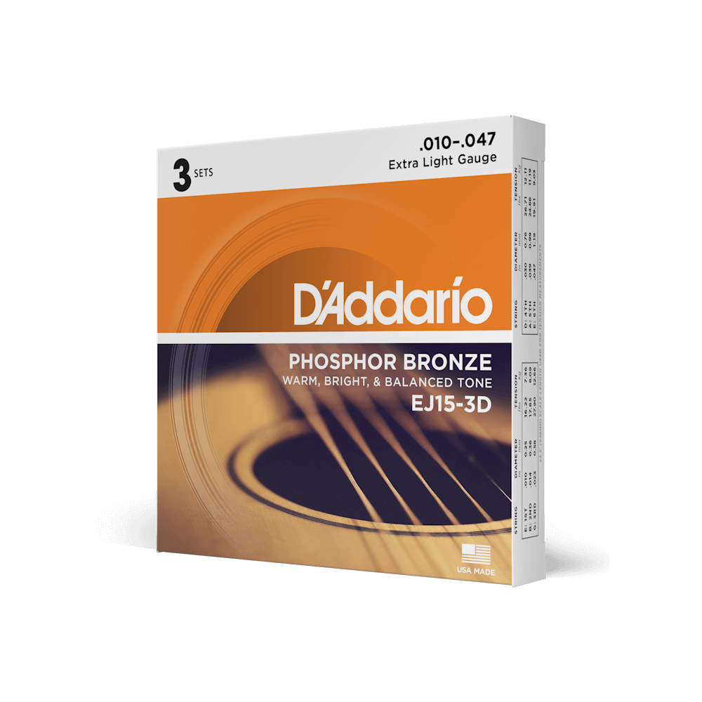 D'Addario EJ15-3D Phosphor Bronze Acoustic Guitar Strings 10-47, 3-Pack