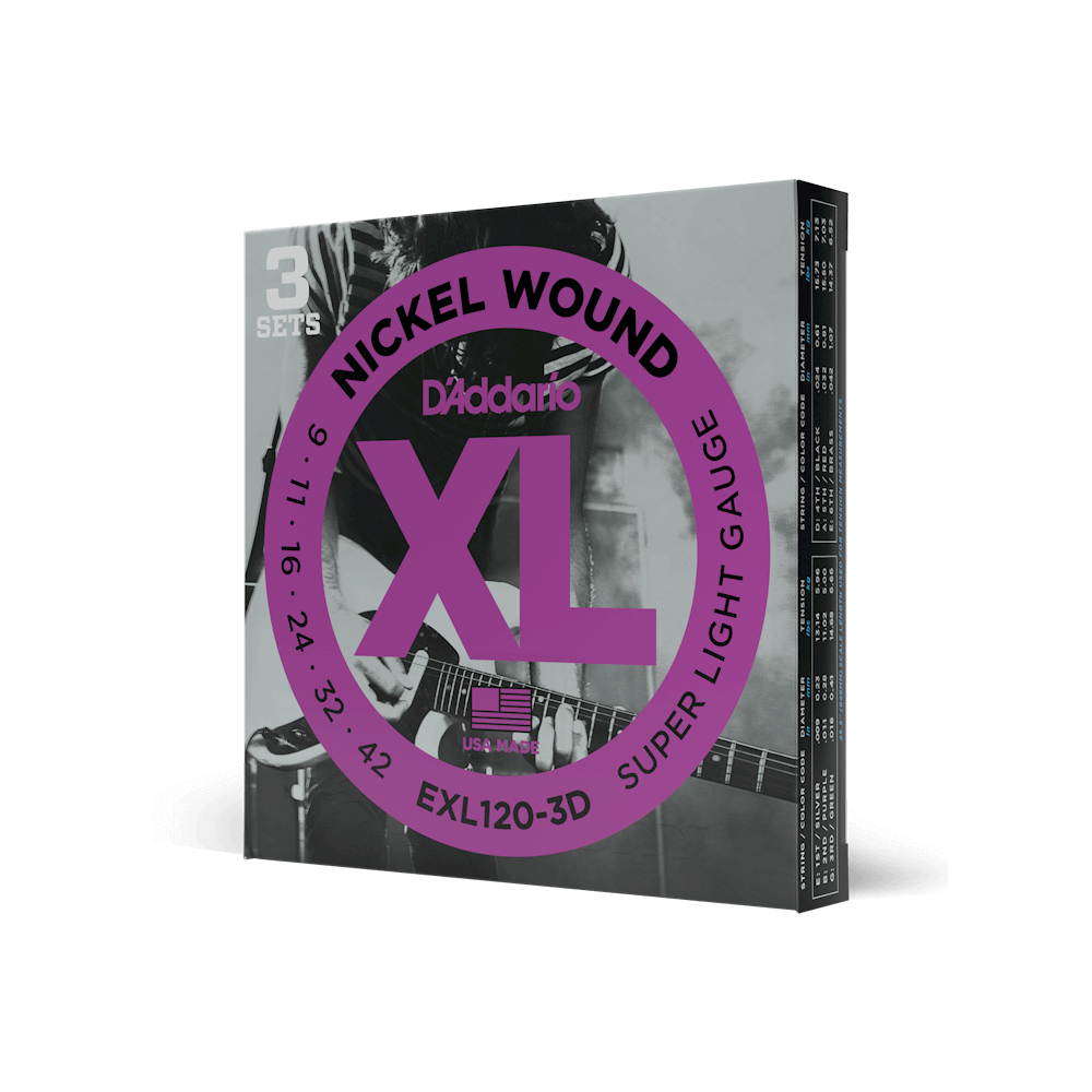 D'Addario EXL120-3D XL Nickel Wound Electric Guitar Strings 09-42, 3-Pack