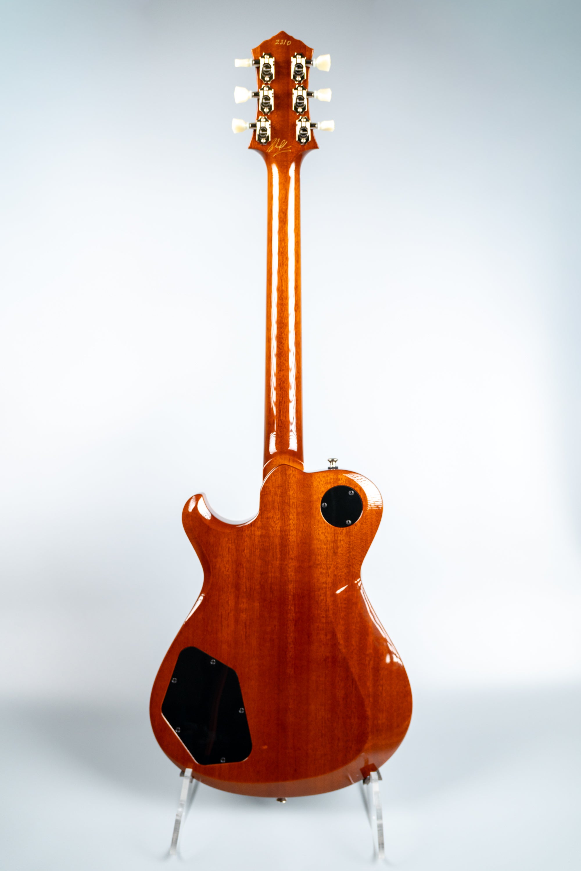 Knaggs Kenai guitar back on a stand against a white background